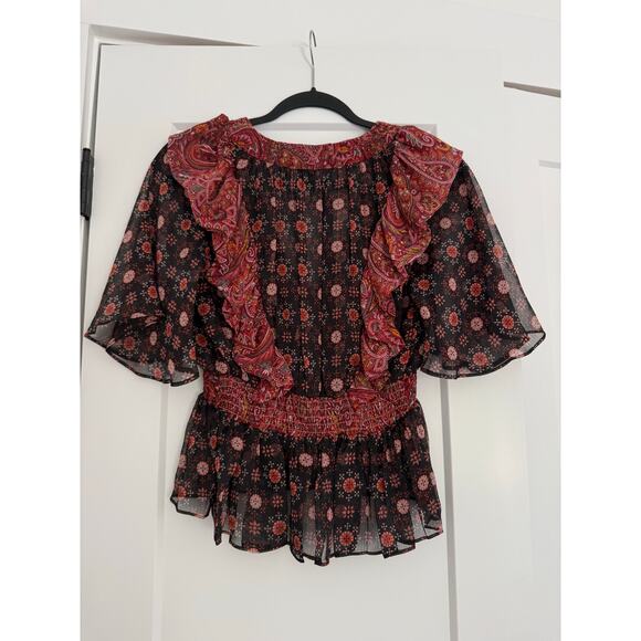 $295 MISA Women's Red Paisely Print Deep V-Neck Blouse Top Size XS - Picture 6 of 7